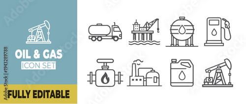 Minimal Oil and Gas Industry Line Icons Set, Energy Infrastructure, Refinery, Pipeline, Fuel Transport Vector