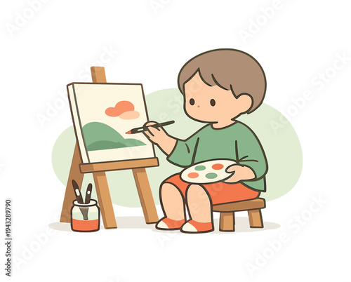 Calm child paints on a canvas, posture steady as the brush pauses and colors settle softly in place | child painting canvas, flat