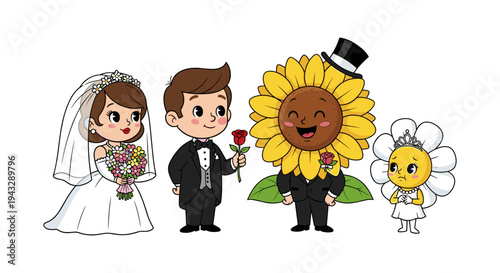 Cute cartoon wedding couple with a sunflower groom and a sad daisy bride