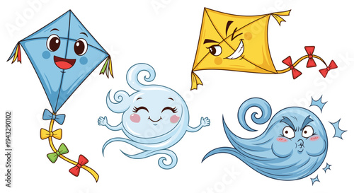 Cute cartoon kites and wind spirits having fun outdoors on a bright day