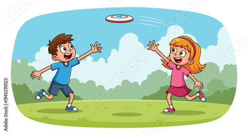 Cartoon children playing frisbee in a park on a sunny day
