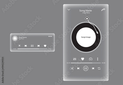  music player liquid glass design user interface. transparent music interface Glass Buttons UI UX. smartphone music player interface for application, webs, etc. 