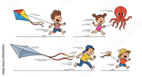 Children happily running and flying kites on a sunny day, cartoon style