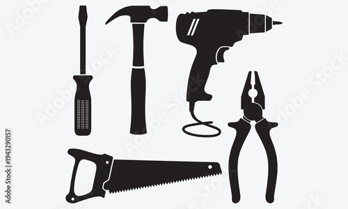 Repair tools. Black silhouette building tool. Basic construction working tool elements for setting service. Screwdriver, hammer, drill, saw, pliers signs. Vector