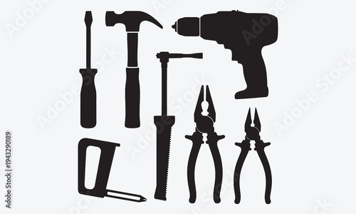 Repair tools. Black silhouette building tool. Basic construction working tool elements for setting service. Screwdriver, hammer, drill, saw, pliers signs. Vector