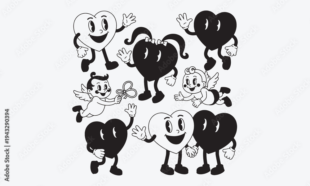 Obraz premium Retro mascot heart. Cartoon vintage romantic Valentines day sticker, groovy hearts with leg and hands