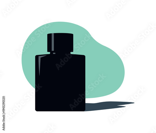 Minimalist black perfume bottle silhouette with a teal abstract shape and shadow