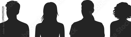 Four Diverse Human Silhouettes Against White Background Representing Different Hairstyles people woman