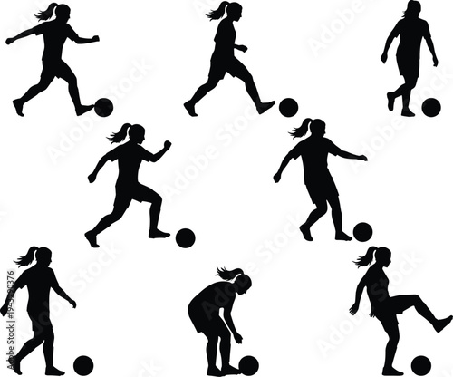 A set of woman football player black silhouette illustration. Silhouette of women playing soccer in various positions