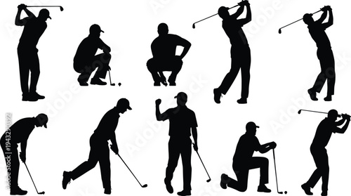 Silhouette illustrations of people in various golf swings and poses