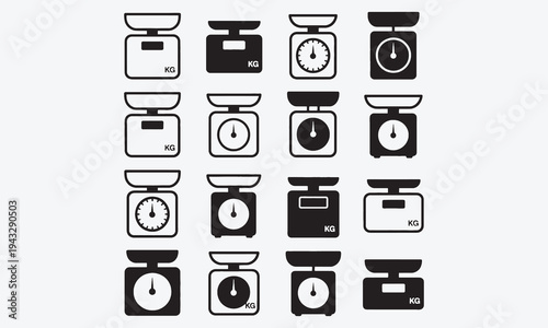 Scale weight icon. Simple kitchen scales. Black outline and silhouette pictogram kitchen food weight tools in different shapes. Kilograms