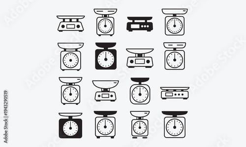 Scale weight icon. Simple kitchen scales. Black outline and silhouette pictogram kitchen food weight tools in different shapes. Kilograms