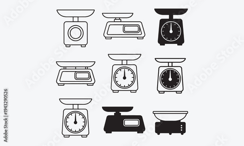Scale weight icon. Simple kitchen scales. Black outline and silhouette pictogram kitchen food weight tools in different shapes. Kilograms