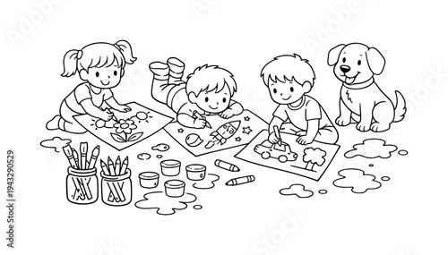 Children drawing and coloring on large sheets of paper, paint splashes on the floor, jars of brushes and pencils nearby, a