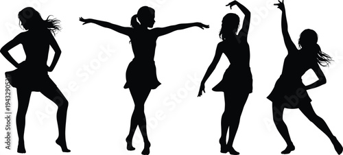 Four Energetic Female Dancer Silhouettes in Expressive Poses on White people woman