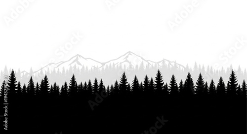Silhouetted Forest Landscape with Mountains.