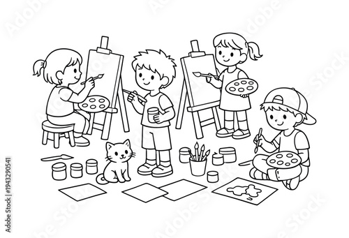 Kids Painting Studio. Children in an art studio, painting on easels and holding brushes, jars of paint, palettes, and paper