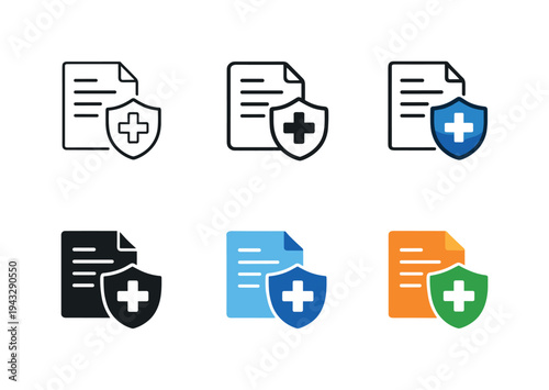 Medical insurance policy icon showing a simplified coverage document combined with a shield and healthcare mark to symbolize