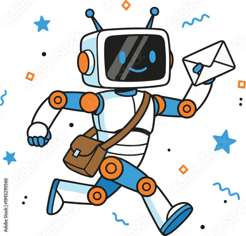 Cute Robot Mailman Carrying Messenger Bag And Holding Envelope Letter For Email Delivery And Communication Technology Vector Illustration.