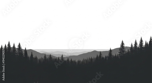 Silhouetted Forest Landscape with Mountains.