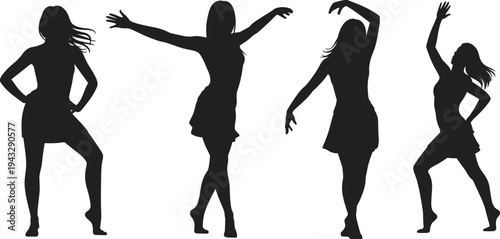 Four Female Silhouettes Dancing on White Background posing