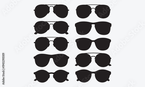 Sunglasses. Summer shading glasses icon, sun protection eyes. Black metal and plastic shape frame. Fashion woman and man accessory. Silhouette spectacles