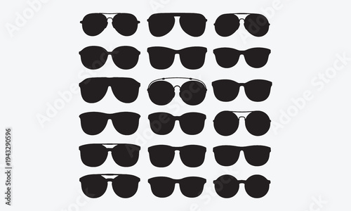Sunglasses. Summer shading glasses icon, sun protection eyes. Black metal and plastic shape frame. Fashion woman and man accessory. Silhouette spectacles