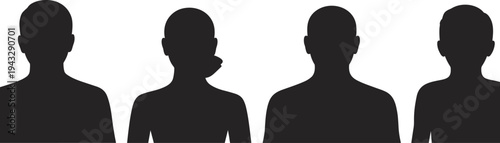 Four Human Silhouettes With One Person Touching Chin Against White Background people woman