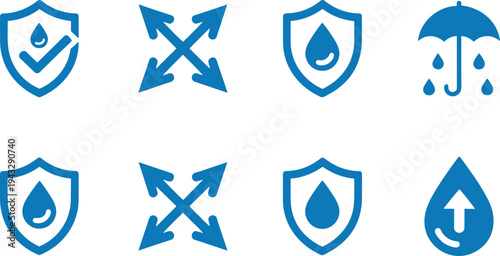 Set of eight blue shield and arrow icons representing protection and expansion on transparent background.