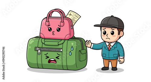 Sad cartoon man with luggage and airplane ticket, travel problems concept