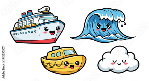 Cute cartoon cruise ship, lifeboat, wave, and cloud with happy faces