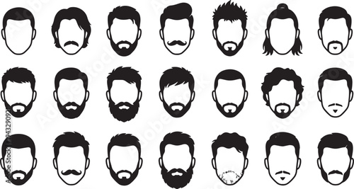 Black and white of various male hairstyles and beard styles also transparent background facial hair