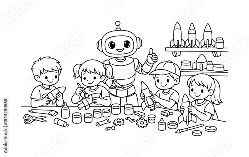 Children in a rocket workshop, building and painting small model rockets, tools, gears, and paint jars on tables, a friendly