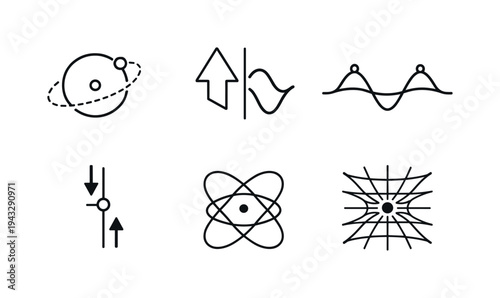 Line style vector icons of quantum superposition: particle-outline icon, dual-state motif, probability-wave symbol,