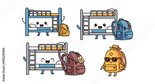 Cute cartoon bunk beds and backpacks with happy faces, perfect for travel and accommodation themes