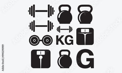 Weight icon. Simple kg mass symbols. Black flat line, silhouette heavy, strength fitness dumbbell, gym kettlebells