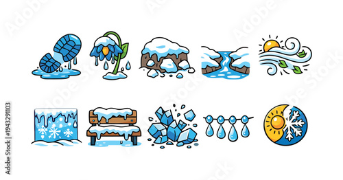 Winter weather icons showing snow, ice, frozen flower, and chilly wind for cold season