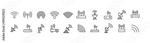 Wireless and network icons vector set, including Wi-Fi signals routers and antennas