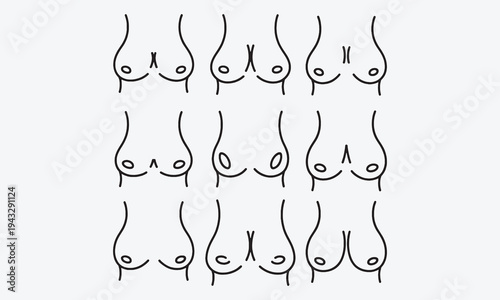 Woman breast. Doodle women body parts. Sketch simple different types, size, forms breasts. Female health and disease