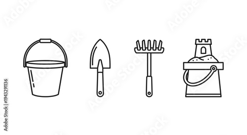 Set of line art icons for beach toys: bucket, shovel, rake, and sandcastle