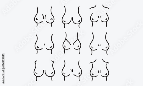 Woman breast. Doodle women body parts. Sketch simple different types, size, forms breasts. Female health and disease