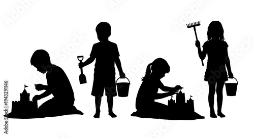Children silhouettes building sandcastles on a beach with shovels and buckets
