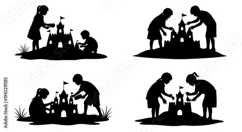 Children silhouettes building sandcastles on a beach, a collection of four scenes