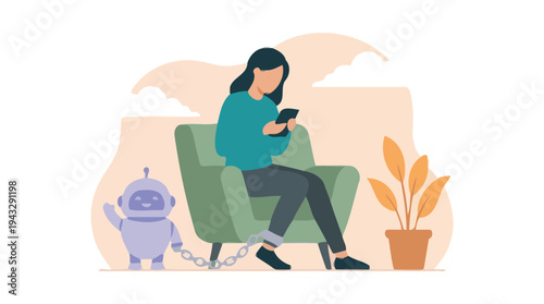 Woman using smartphone chained to robot assistant symbolizing digital addiction