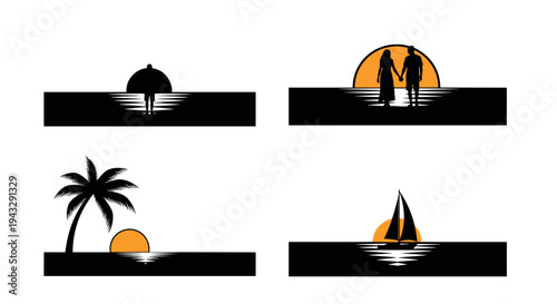 Collection of minimalist beach sunset scenes with silhouettes of people, palm tree, and sailboat
