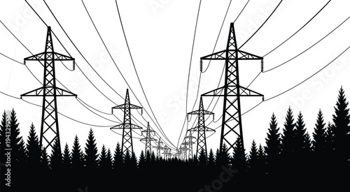 Perspective view of power line towers through pine forest silhouette power lines electricity
