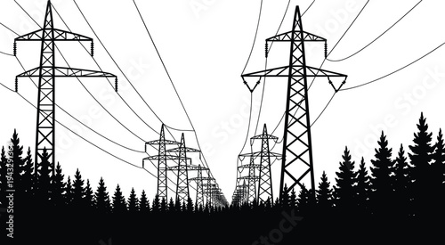 Perspective view of electricity pylons and power lines through a forest transmission tower high voltage