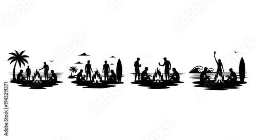 Silhouettes of people enjoying beach bonfires with surfboards and palm trees