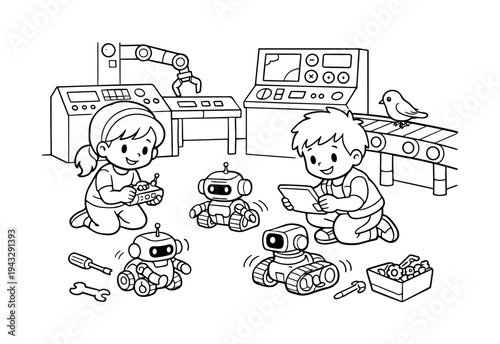 Kids Testing Robots. Children testing small robots in a factory, robots rolling on the floor, control panels and tools around, a