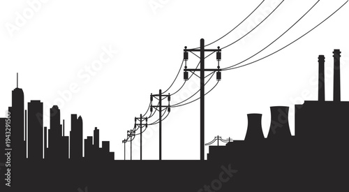 Row of utility poles with power lines against city and industrial skyline electricity